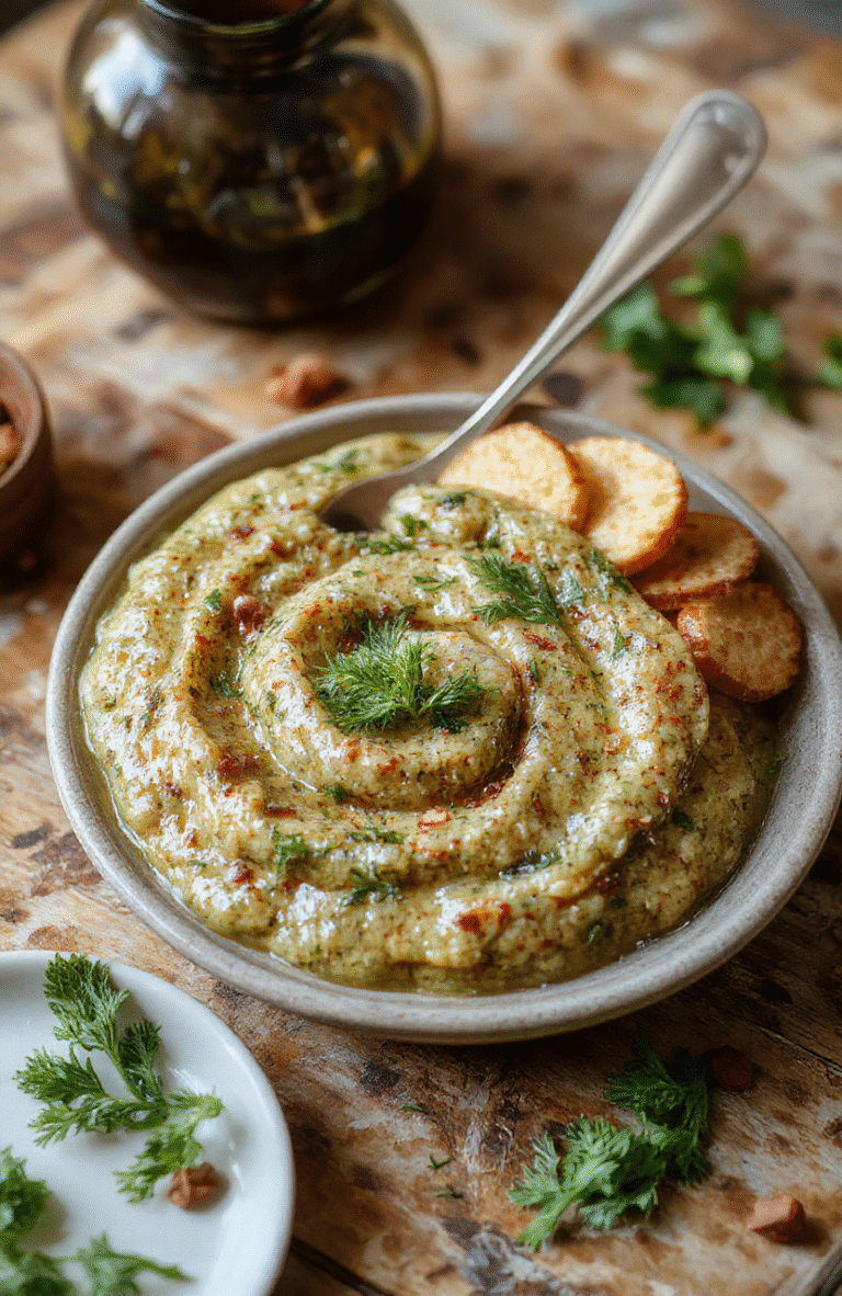 Frisches, cremiges Bärlauchpesto in einer weißen Schale auf heller Holzplatte. Neben dem Pesto liegen geröstete Pinienkerne, grob geriebener Parmesan und frische Bärlauchblätter. Die Szene nutzt natürliche Beleuchtung, leichte Reflexe auf dem Öl und eine schlichte, rustikale Ästhetik.