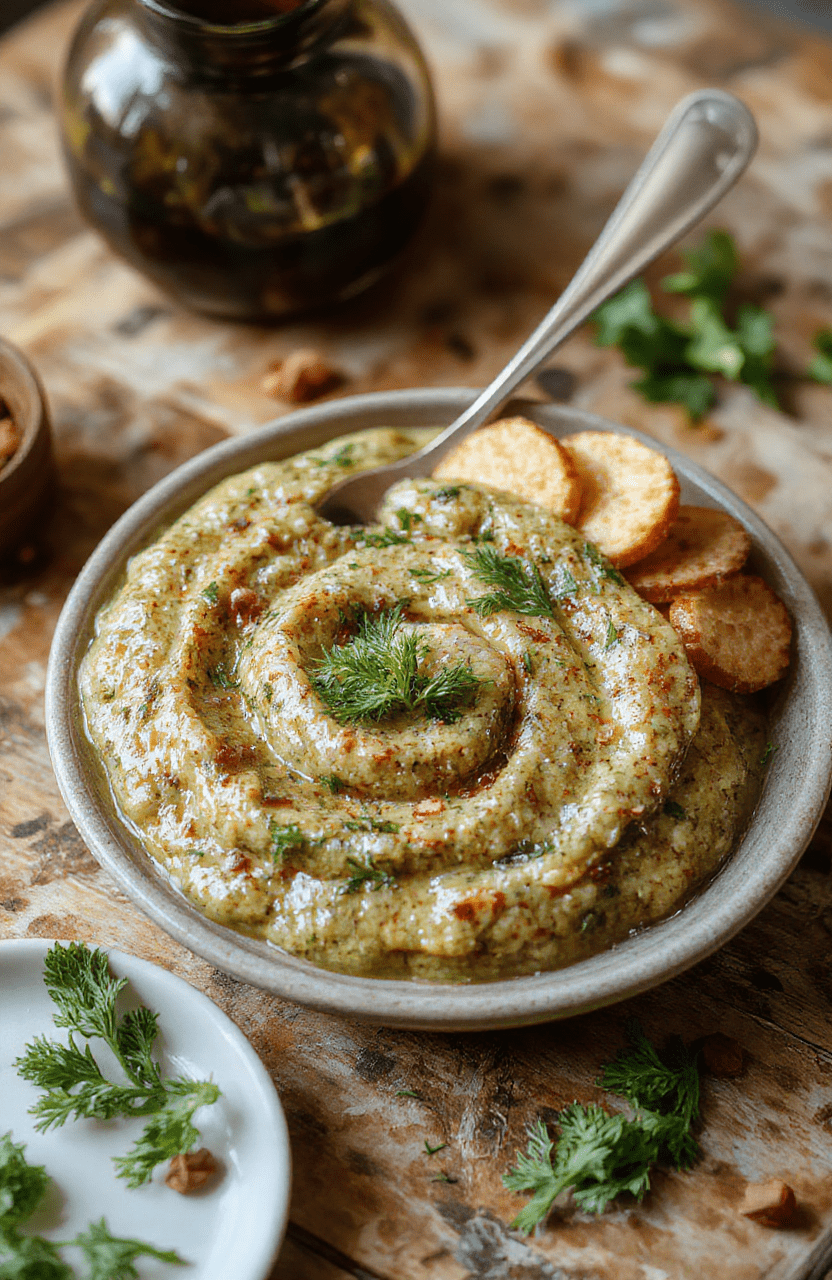 Frisches, cremiges Bärlauchpesto in einer weißen Schale auf heller Holzplatte. Neben dem Pesto liegen geröstete Pinienkerne, grob geriebener Parmesan und frische Bärlauchblätter. Die Szene nutzt natürliche Beleuchtung, leichte Reflexe auf dem Öl und eine schlichte, rustikale Ästhetik.