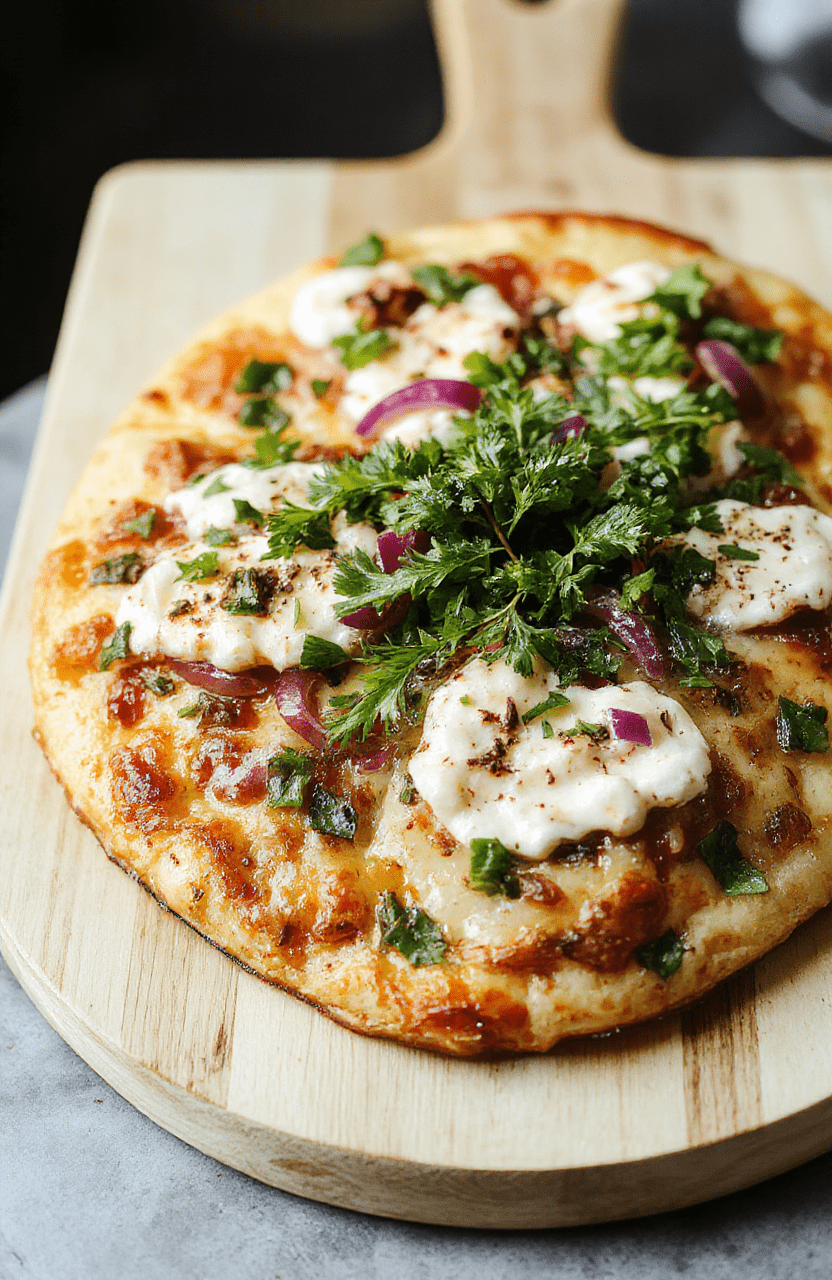 Eine knusprige Bärlauchpizza mit roten Zwiebeln und einem Klecks saurer Sahne, grünen Bärlauchblättern, goldbrauner Rand, serviert auf heller Holzoberfläche.