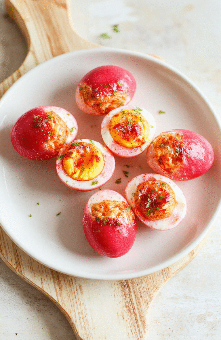 Nahaufnahme von gefüllten pinken Eiern auf einer weißen Servierplatte, cremige gelbe Füllung mit rosa Beete, garniert mit Dill, auf hellem Holztisch, weiches Licht und natürliche Texturen