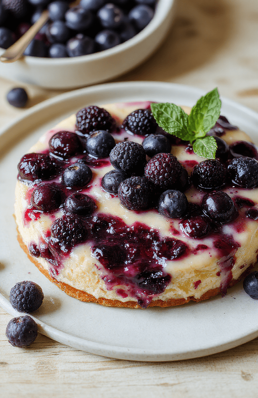 Ein Stück Blaubeer-Quark-Kuchen auf einem weißen Teller, goldbraune Kruste, cremig-weiße Quarkfüllung, mit leuchtend blauen Blaubeeren garniert, sanft bestäubt mit Puderzucker, auf unscharfem hellen Hintergrund, rustikales, casual-Backen-Feeling.