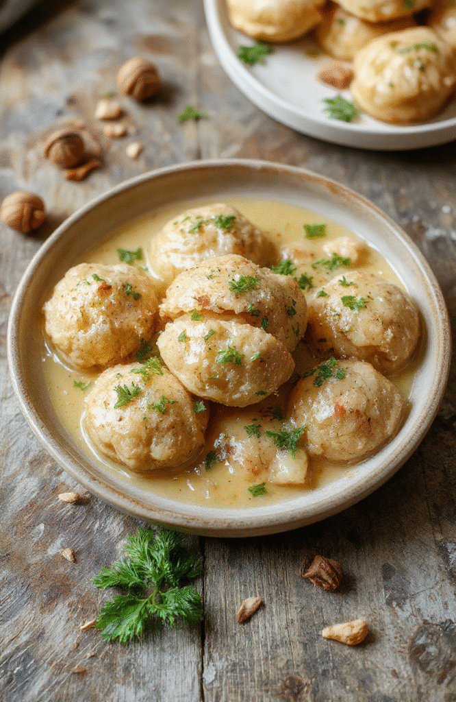 Ein Teller mit cremigen, goldbraun gebratenen Bärlauchknödeln auf einer hellen Platte, daneben feine Bärlauchblätter und eine cremige Sauce. Die Knödel haben eine weiche, flauschige Textur und sind von außen leicht knusprig. Das Bild wirkt rustikal und frisch, mit natürlichem Licht.