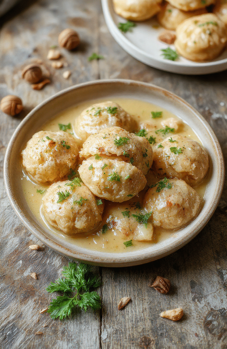 Ein Teller mit cremigen, goldbraun gebratenen Bärlauchknödeln auf einer hellen Platte, daneben feine Bärlauchblätter und eine cremige Sauce. Die Knödel haben eine weiche, flauschige Textur und sind von außen leicht knusprig. Das Bild wirkt rustikal und frisch, mit natürlichem Licht.