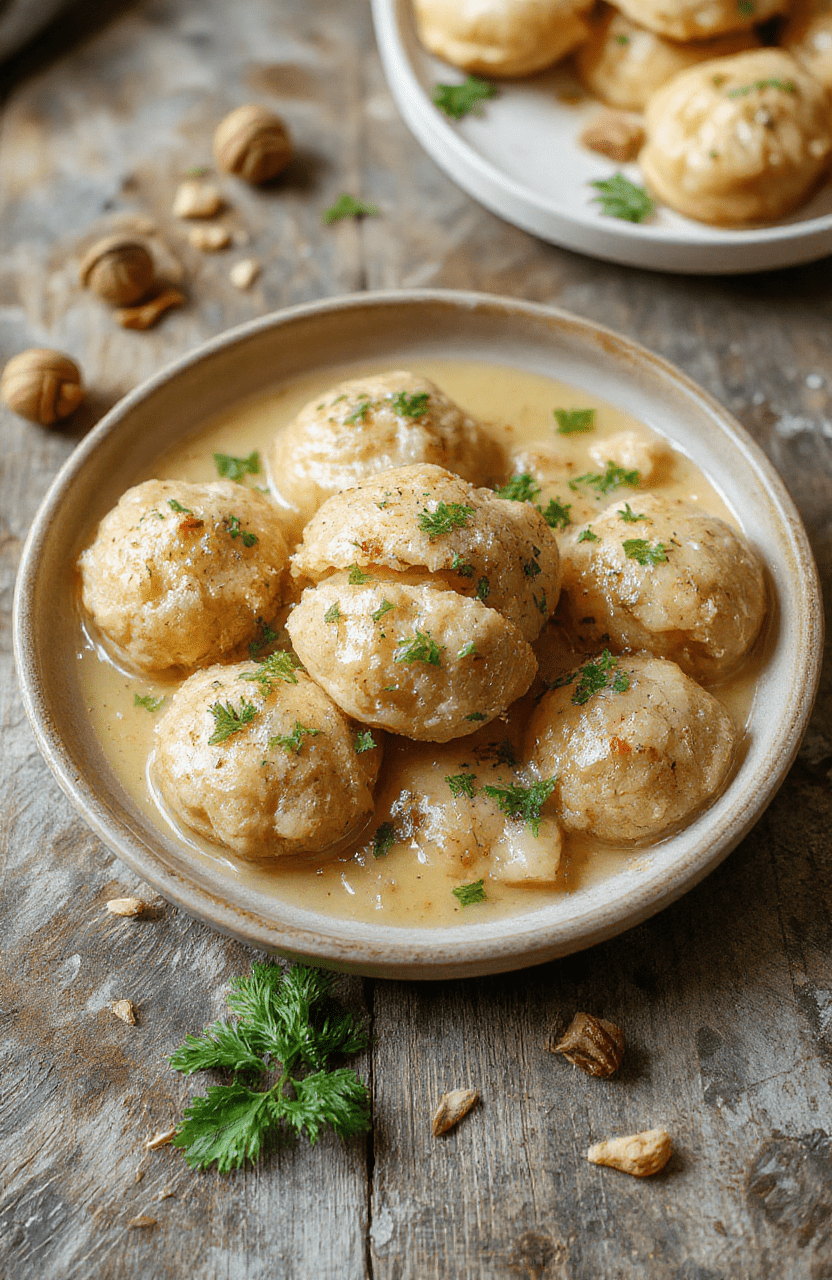 Ein Teller mit cremigen, goldbraun gebratenen Bärlauchknödeln auf einer hellen Platte, daneben feine Bärlauchblätter und eine cremige Sauce. Die Knödel haben eine weiche, flauschige Textur und sind von außen leicht knusprig. Das Bild wirkt rustikal und frisch, mit natürlichem Licht.