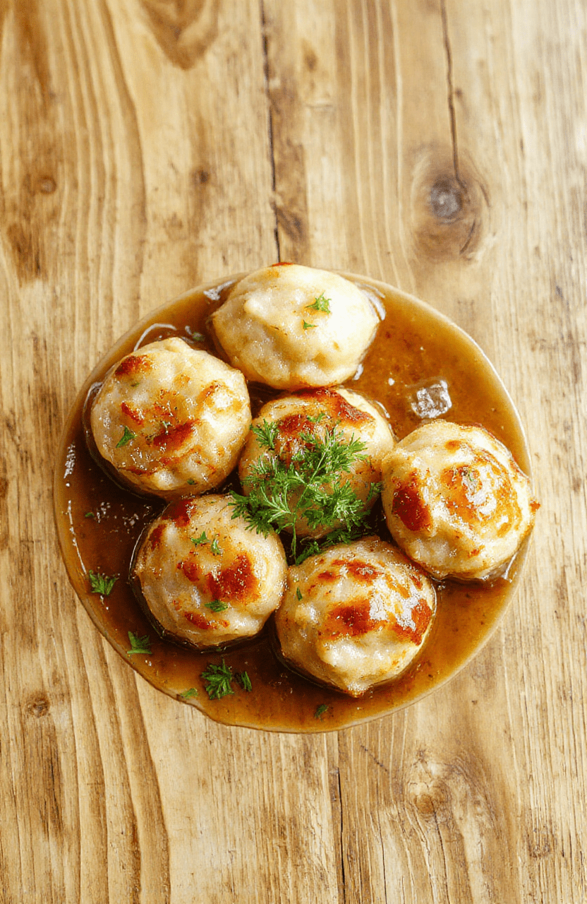 Runde Bärlauchknödel auf einem rustikalen Holzuntergrund, goldbraun gebraten, garniert mit frischen Bärlauchblättern. Nahaufnahme in natürlichem Licht, warme Braun- und Grüntöne, Textur des Teigs sichtbar, appetitlich.