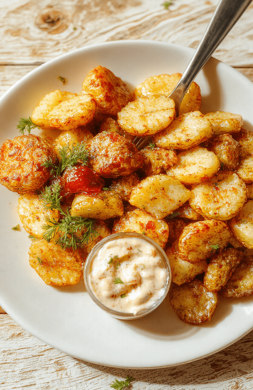 Knusprige, goldbraune Kartoffelspalten auf einem hellen Holztisch, daneben cremiger Gurkendip. Frische Petersilie als Garnitur; Texturen sichtbar, natürliches Tageslicht, appetitlich.