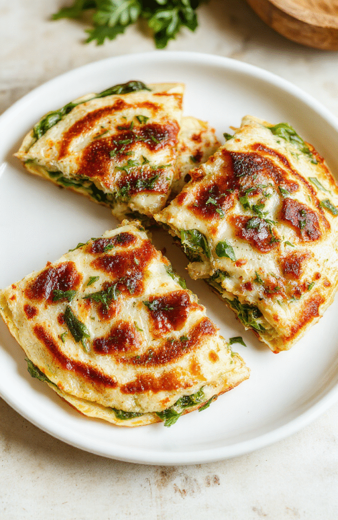 Knusprige Spinat-Feta-Quesadillas auf einem Holzbrett, goldbraune Tortillas gefüllt mit Spinat und Feta, daneben frische Kräuter, Nahaufnahme im weichen Tageslicht.