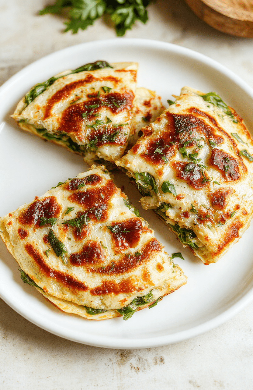 Knusprige Spinat-Feta-Quesadillas auf einem Holzbrett, goldbraune Tortillas gefüllt mit Spinat und Feta, daneben frische Kräuter, Nahaufnahme im weichen Tageslicht.