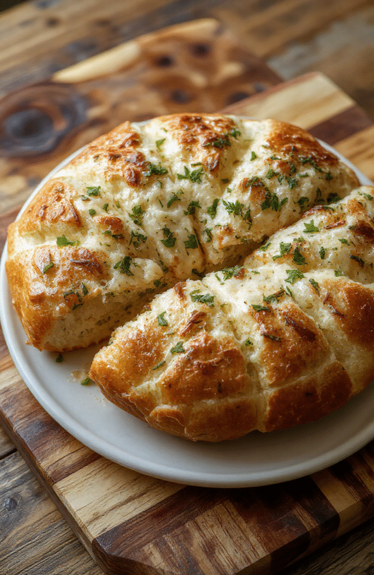 Ein flauschiges Kräuterzupfbrot liegt auf einem rustikalen Holzbrett; goldbraune Kruste, luftiges Inneres mit Kräuterflecken (Petersilie, Schnittlauch, Dill); natürliche Beleuchtung, unscharfer Hintergrund.