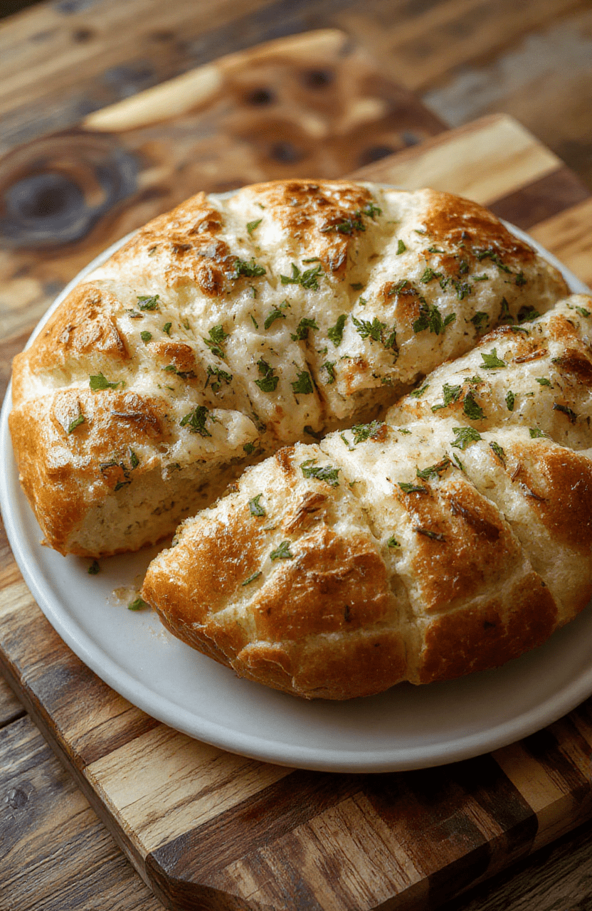 Ein flauschiges Kräuterzupfbrot liegt auf einem rustikalen Holzbrett; goldbraune Kruste, luftiges Inneres mit Kräuterflecken (Petersilie, Schnittlauch, Dill); natürliche Beleuchtung, unscharfer Hintergrund.
