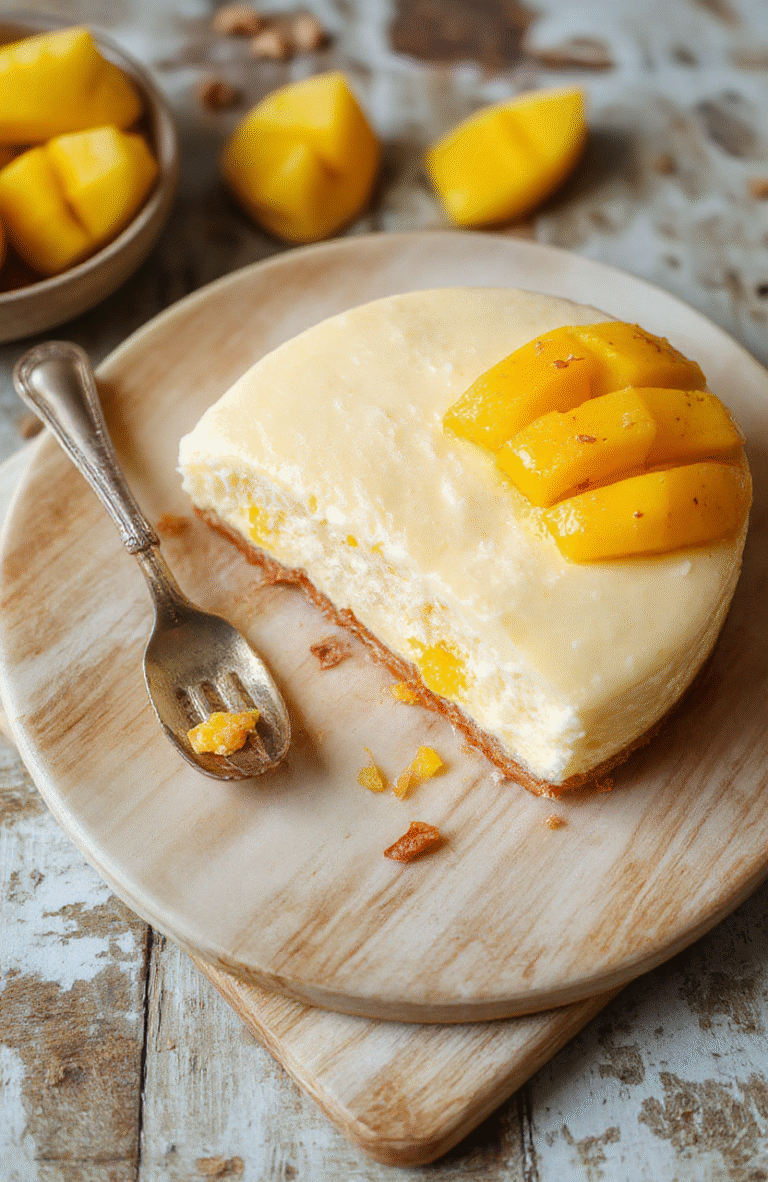 No-Bake Mango-Maracuja Cheesecake auf cremiger Masse, gelb-orange Töne, Boden aus zerkrümelten Butterkeksen, Garnitur aus frischer Mango, heller Hintergrund, natürliche Textur