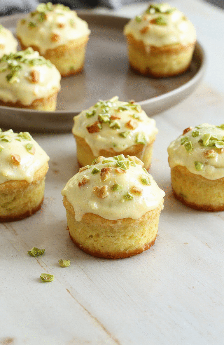 Vier fluffige Pistazien-Vanille Cupcakes mit cremigem Frosting auf hellem Untergrund. Die Oberfläche ist zart grünlich durch die Pistazien, fein dekoriert mit gehackten Pistazienstückchen. Nahaufnahme, natürliches Licht, unscharfer Hintergrund, appetitlich und cremig wirkend.