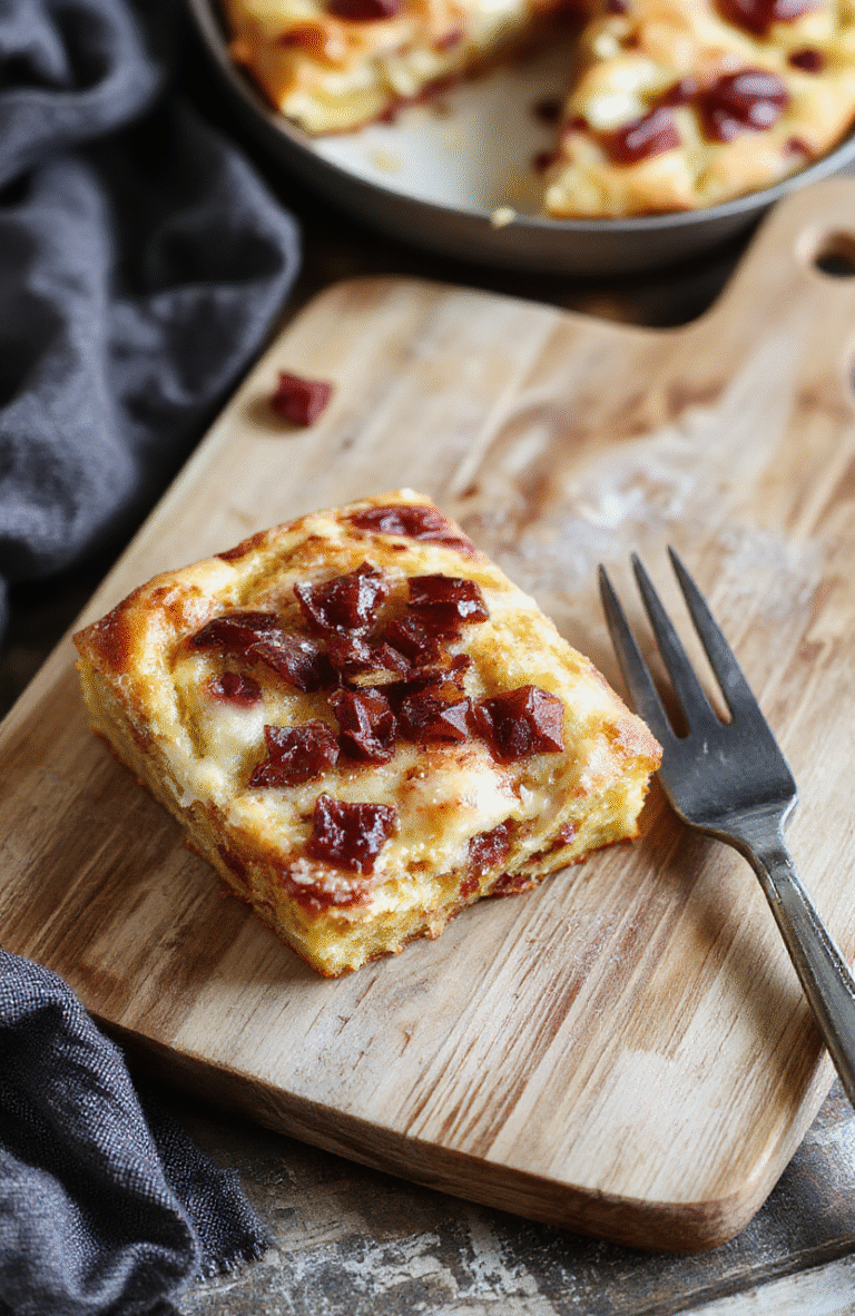Eine saftige Donauwelle liegt auf einem hellen Teller, die Oberseite glänzend und gemustert aus dunklem Schokoteig unten und hellem Vanilleteig oben, mit roten Sauerkirschen in der Mitte. Der Kuchen steht auf einem rustikalen Holzuntergrund, das Tageslicht ist sanft, Schatten weich, Nahaufnahme, appetitlich und frisch.