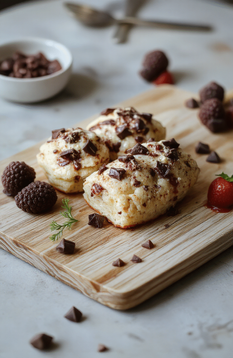 Ein saftiger Schoko-Himbeer Kuchen auf einem hellen Holzteller, glänzende dunkle Schokoladenglasur, rote Himbeeren als Garnitur, leichter Staub von Puderzucker, natürliches Tageslicht, einfache, einladende Präsentation