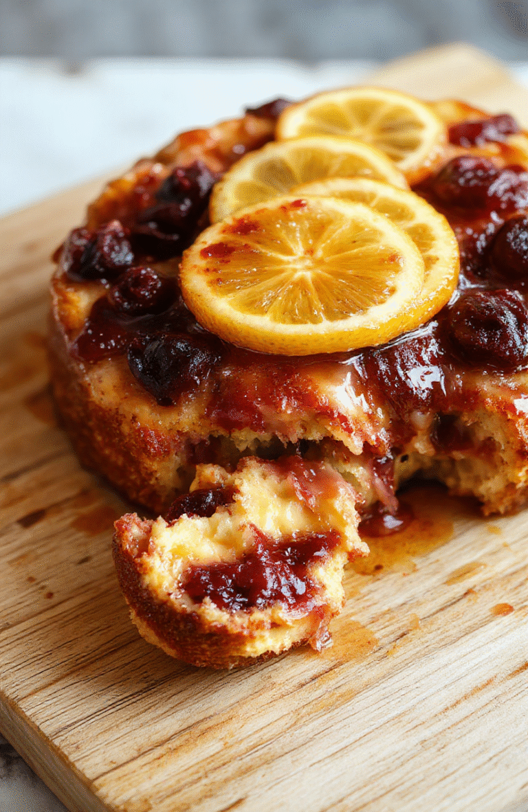 Ein goldbrauner Zitronen-Blaubeer-Kuchen mit zarter Kruste, frische Blaubeeren auf der Oberfläche, serviert auf einem hellen Holzteller oder Brett, daneben eine Zitrone – fruchtig und einladend.