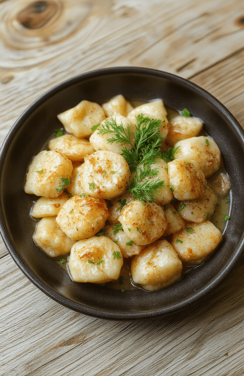 Frische Bärlauch-Gnocchi in cremiger Sauce auf weißem Teller, garnierte Bärlauchblätter, Parmesan-Streusel, hellgrüne Sauce sichtbar, schlichtes, gemütliches Setting.
