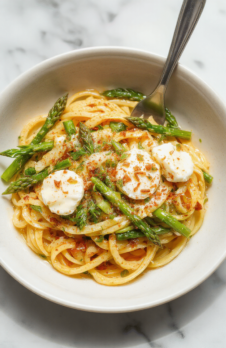 Bärlauch-Pasta mit Spargel und Burrata auf einem weißen Teller, garniert mit frischem Bärlauch, cremiger Burrata, grünen Spargelstücken, Olivenöl und Parmesan, rustikale, natürliche Präsentation im Tageslicht.