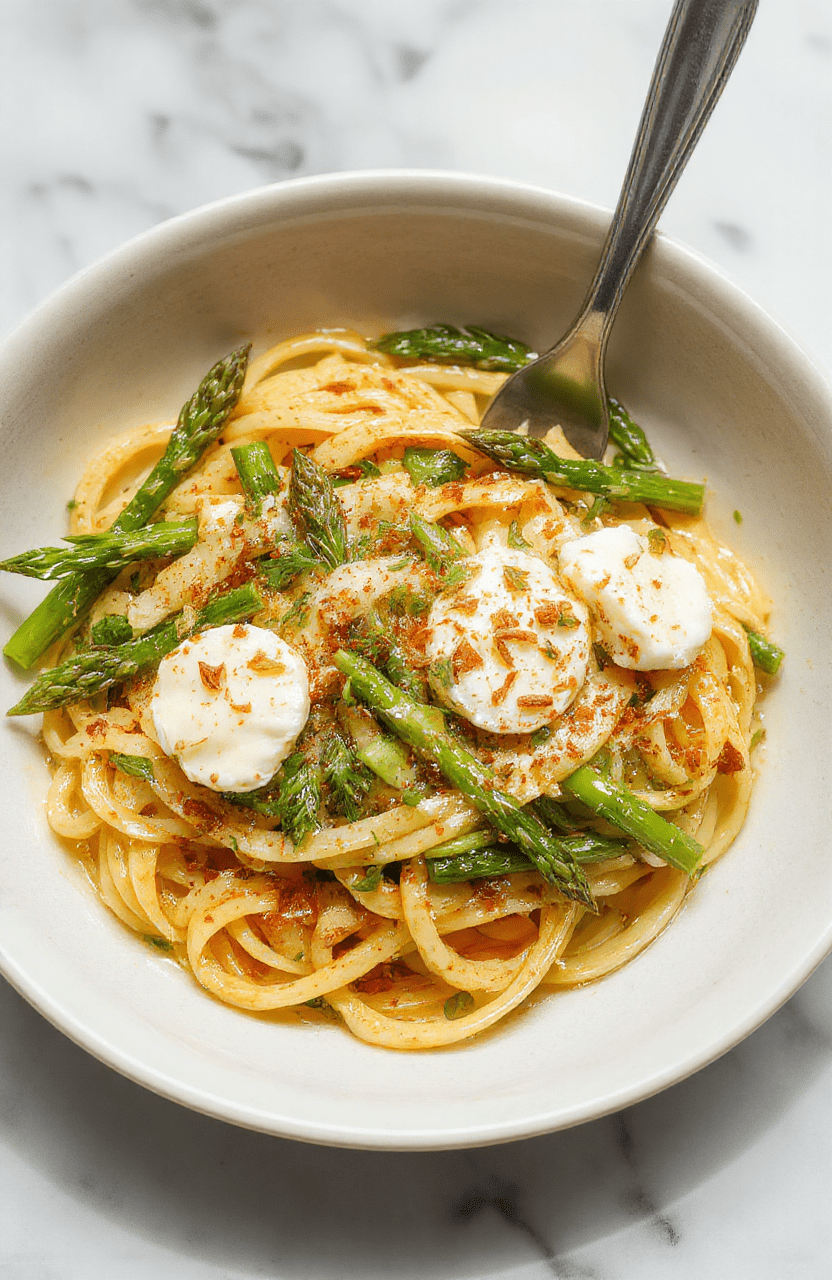 Bärlauch-Pasta mit Spargel und Burrata auf einem weißen Teller, garniert mit frischem Bärlauch, cremiger Burrata, grünen Spargelstücken, Olivenöl und Parmesan, rustikale, natürliche Präsentation im Tageslicht.