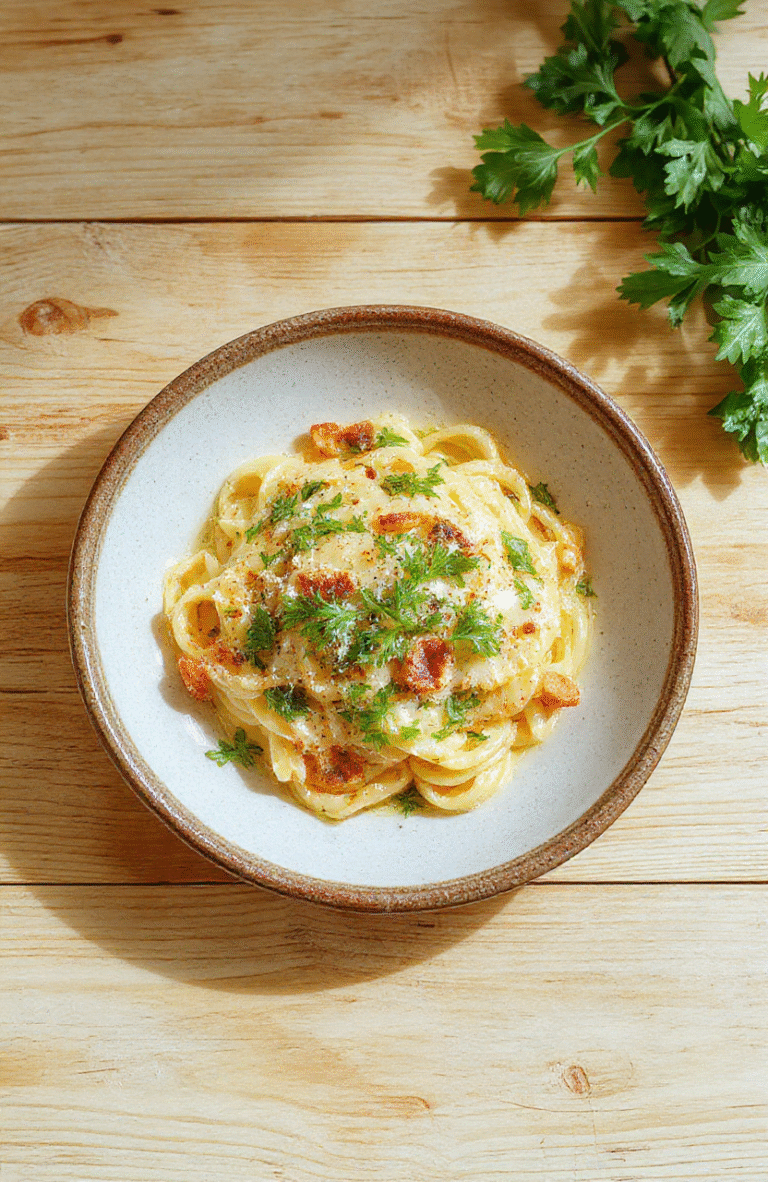 Frische Bio-Bärlauch Pasta auf einem hellen Teller, garniert mit fein gehacktem Bärlauch und Parmesan. Die Nudeln sind al dente, die Oberfläche glänzend, das Licht ist natürlich, die Texturen weich und ein rustikales Holzbrett im Hintergrund sichtbar.