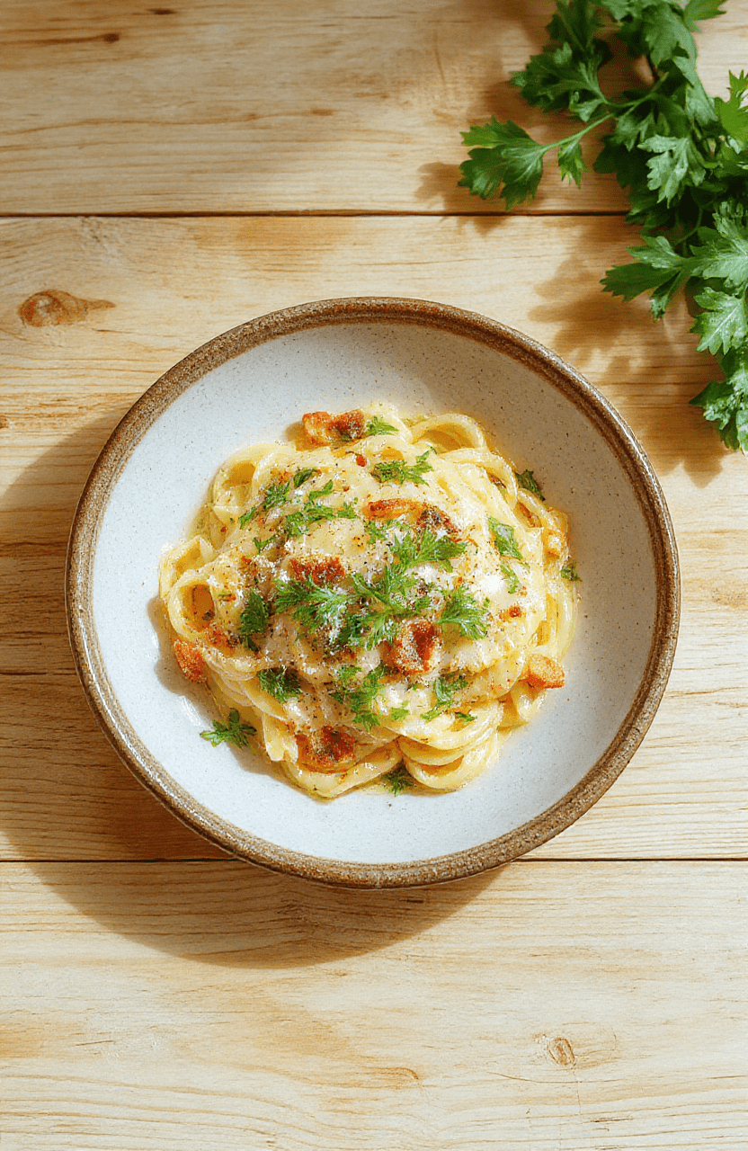 Frische Bio-Bärlauch Pasta auf einem hellen Teller, garniert mit fein gehacktem Bärlauch und Parmesan. Die Nudeln sind al dente, die Oberfläche glänzend, das Licht ist natürlich, die Texturen weich und ein rustikales Holzbrett im Hintergrund sichtbar.