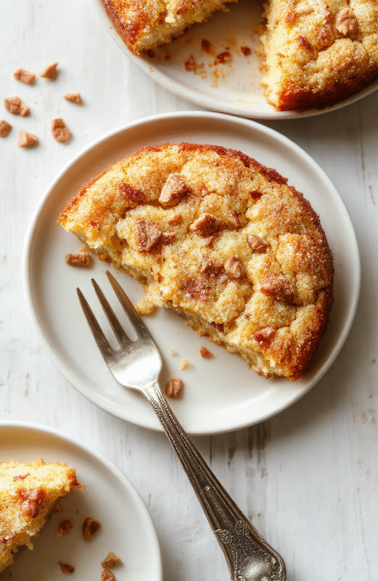 Ein frisch gebackener Vanille-Streuselkuchen auf einem hellen Holztisch. Die goldbraunen Streusel bedecken den zarten Kuchenboden, eine einladende Dessert-Ästhetik mit natürlichem Licht.