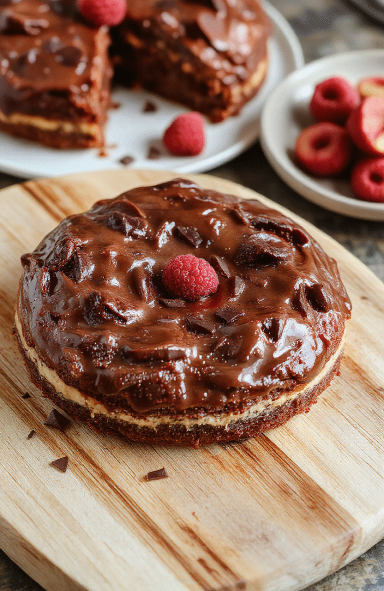 Eine mehrschichtige Erdbeer-Schoko-Torte mit cremiger Füllung, dunkler Schokoladenglasur und frischen Erdbeeren auf der Oberseite, serviert auf einem hellen Holzbrett mit weicher Hintergrundunschärfe.
