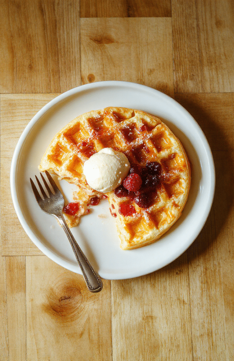 Nahaufnahme eines süßen Waffelbecher-Kuchens: goldbraune Waffelbecher gefüllt mit cremiger Kuchenmasse, bestäubt mit Puderzucker und Beeren, serviert auf einem hellen Teller auf einem Holzuntergrund; natürliche Texturen, weiche Schatten, appetitliche Farben.