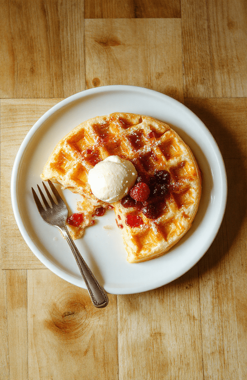 Nahaufnahme eines süßen Waffelbecher-Kuchens: goldbraune Waffelbecher gefüllt mit cremiger Kuchenmasse, bestäubt mit Puderzucker und Beeren, serviert auf einem hellen Teller auf einem Holzuntergrund; natürliche Texturen, weiche Schatten, appetitliche Farben.