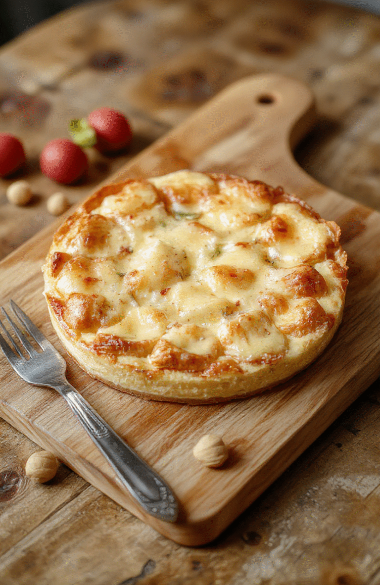 Eine goldbraun gebackene Bärlauch-Tarte liegt auf einer hellem Holztischplatte. Die Füllung ist cremig grün durch Bärlauch, der Rand goldgelb. Oben auf der Tarte liegen frische Bärlauchblätter. Natürliches Tageslicht betont Texturen und rustikales Styling.