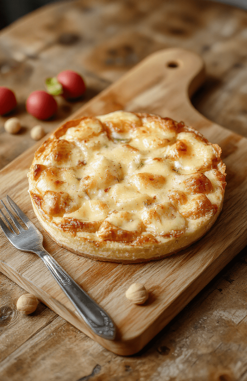 Eine goldbraun gebackene Bärlauch-Tarte liegt auf einer hellem Holztischplatte. Die Füllung ist cremig grün durch Bärlauch, der Rand goldgelb. Oben auf der Tarte liegen frische Bärlauchblätter. Natürliches Tageslicht betont Texturen und rustikales Styling.