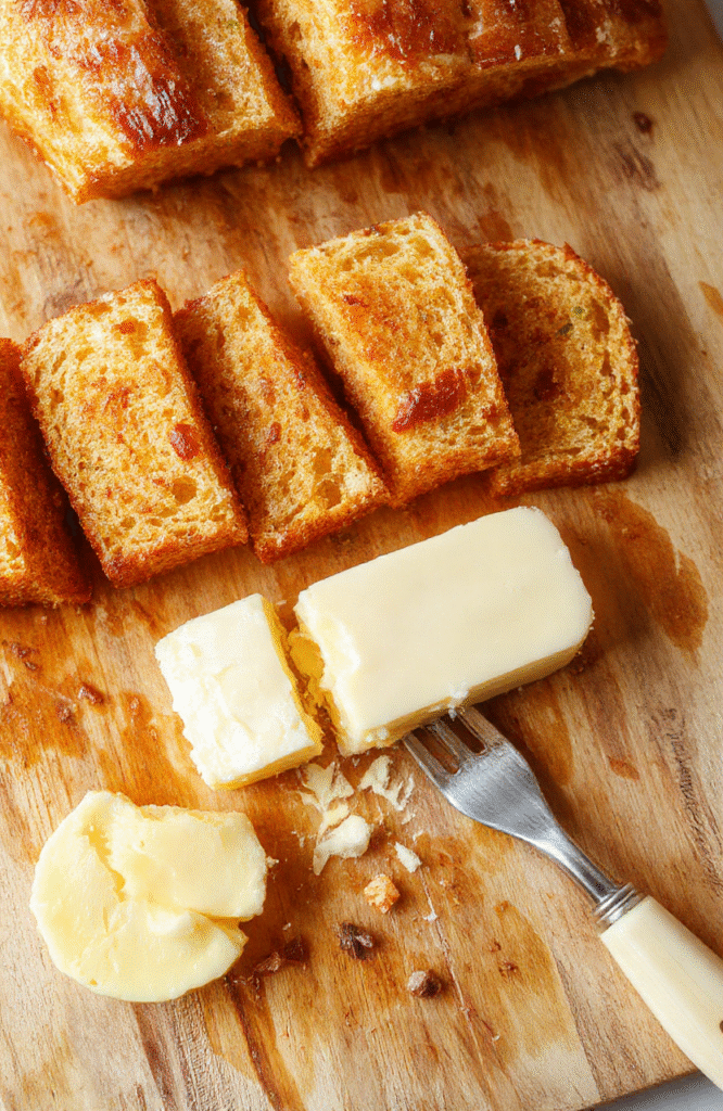 Nahaufnahme einer gelblich goldenen Butter mit fein verteilten grünen Bärlauchblütenstückchen, aufgelegt auf eine Scheibe Brot mit knuspriger Kruste; frühlingshaftes, helles Licht betont die Texturen von Butter und Brot.