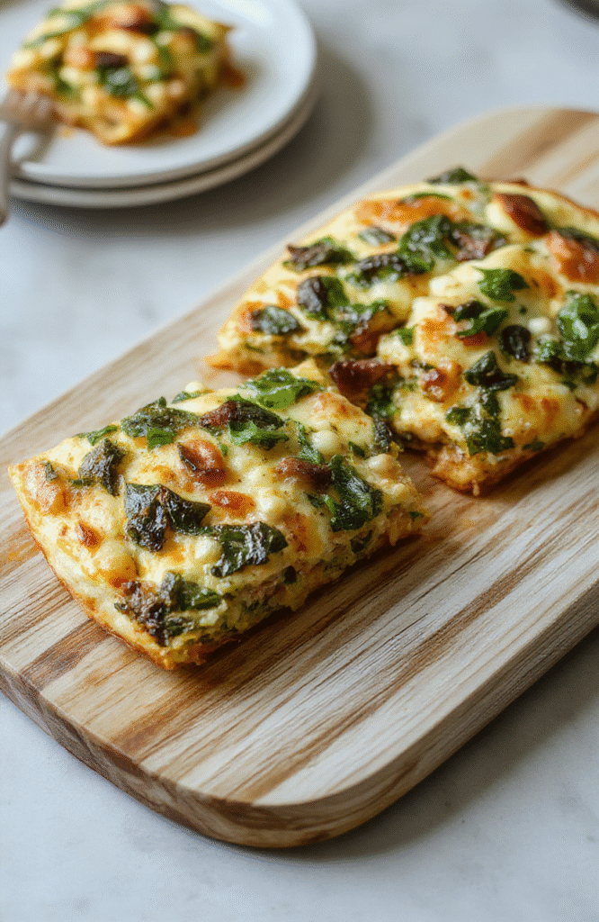 Ein goldbraun gebackenes Stück Spinats-Feta-Quiche auf einem rustikalen Holzteller; die Füllung mit grünem Spinat und weißem Feta ist sichtbar; daneben frische Spinatblätter leicht unscharf; warme Beleuchtung, appetitliche Textur.