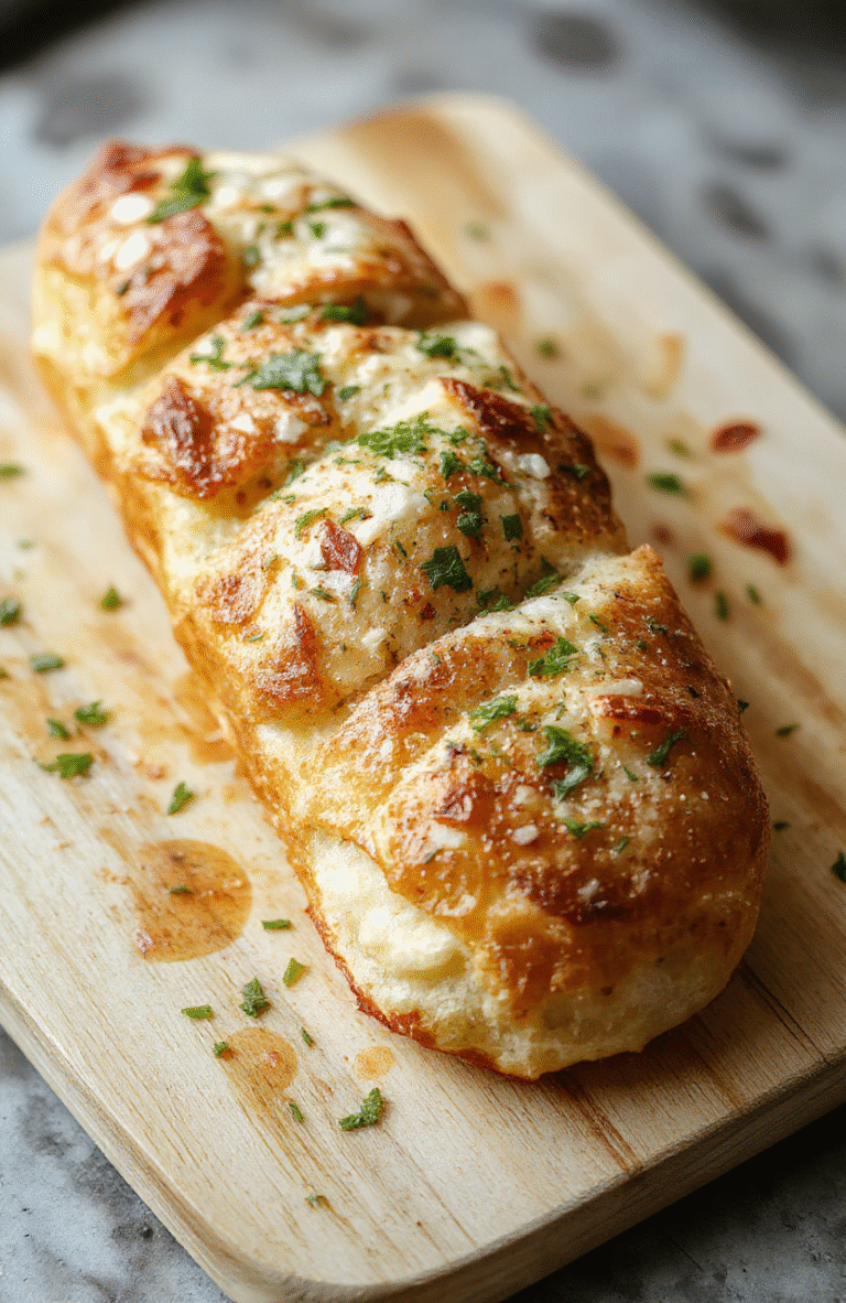 Knuspriges, goldbraunes Baguettebrot mit luftiger Krume, bestrichen mit frischer Bärlauchbutter, serviert auf einem hellem Holzbrett, unscharfer Hintergrund