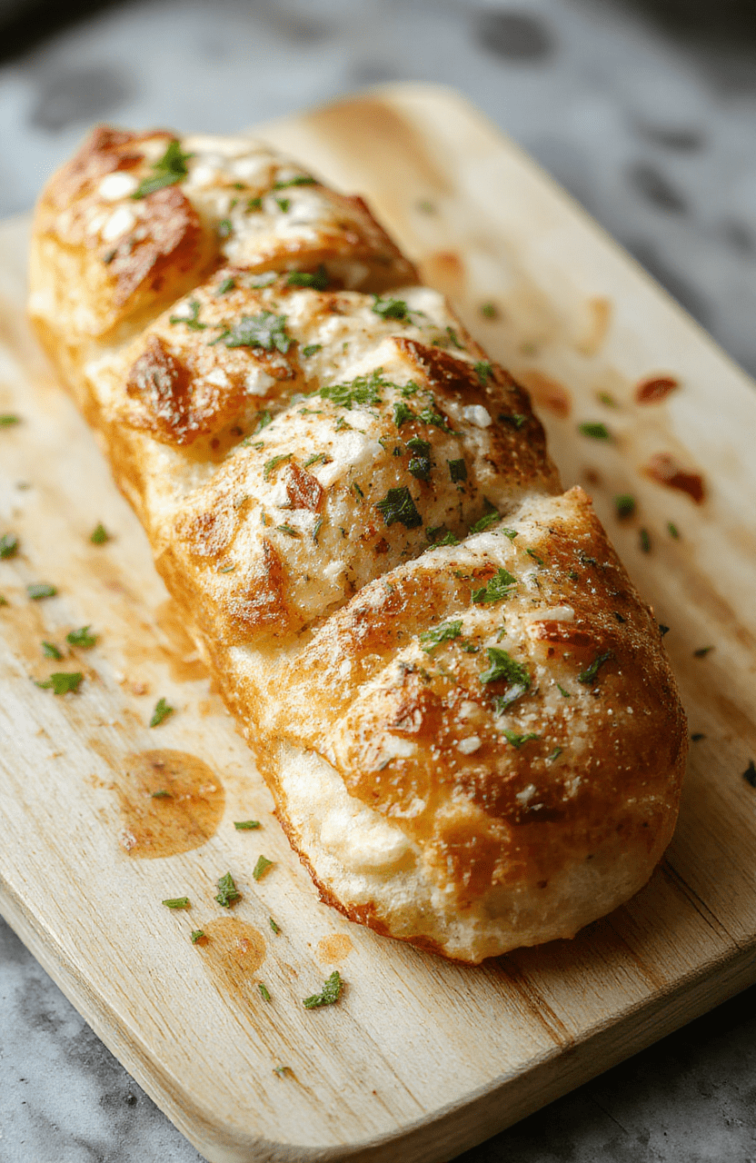 Knuspriges, goldbraunes Baguettebrot mit luftiger Krume, bestrichen mit frischer Bärlauchbutter, serviert auf einem hellem Holzbrett, unscharfer Hintergrund