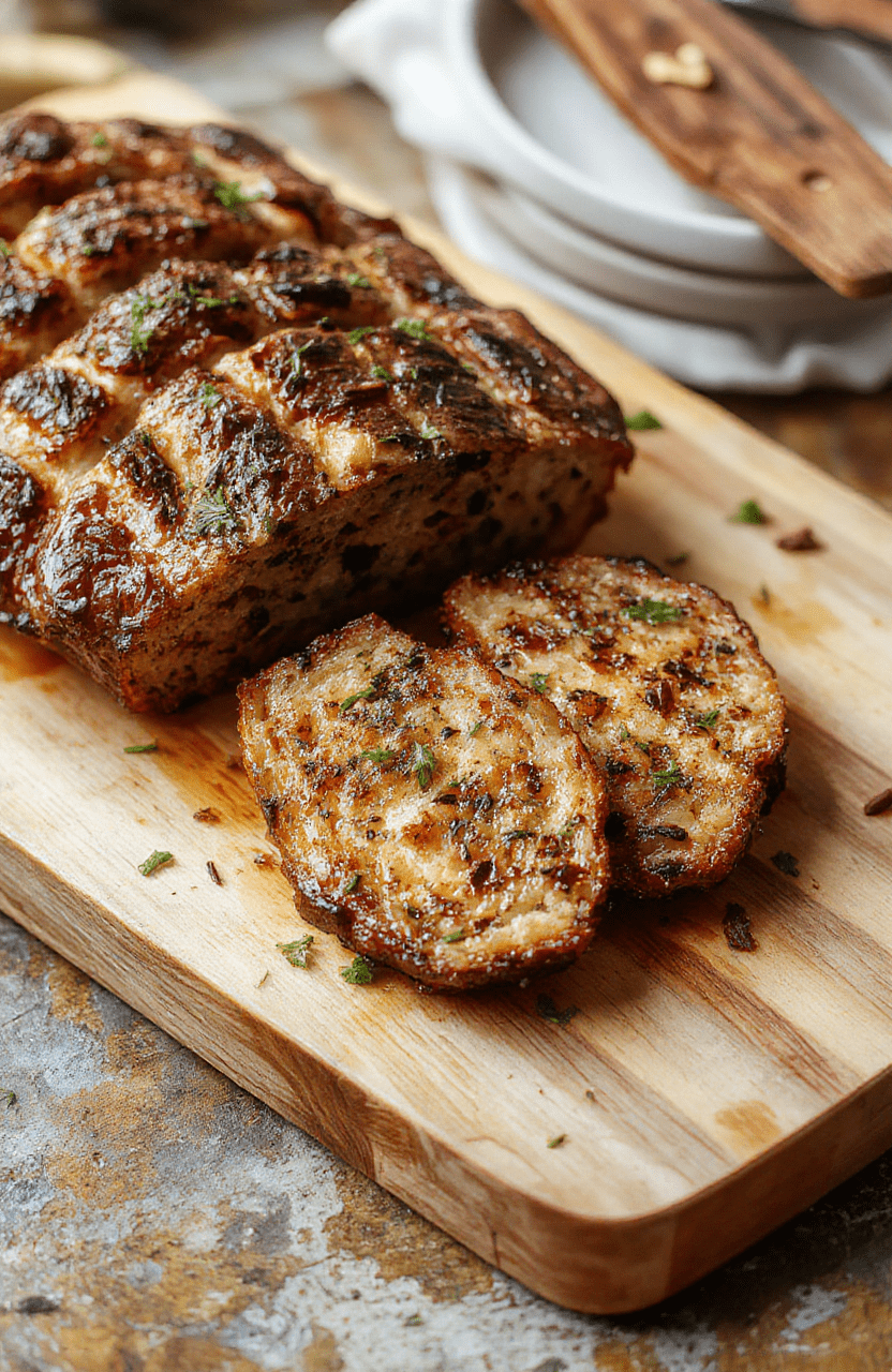 Goldbraun gebackenes Würziges Bärlauchbrot mit knuspriger Kruste und grünen Bärlauchstücken, auf einem hellen Holzbrett im natürlichen Tageslicht, unscharfer Hintergrund
