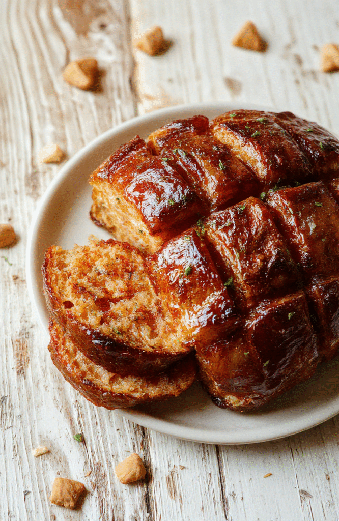 Ein goldbraun gebackenes Bärlauchbrot liegt auf einem rustikalen Holzbrett, darauf fein gehackter Bärlauch sichtbar, die Kruste knusprig und die Note aromatisch, das Brot wirkt frisch und lecker.
