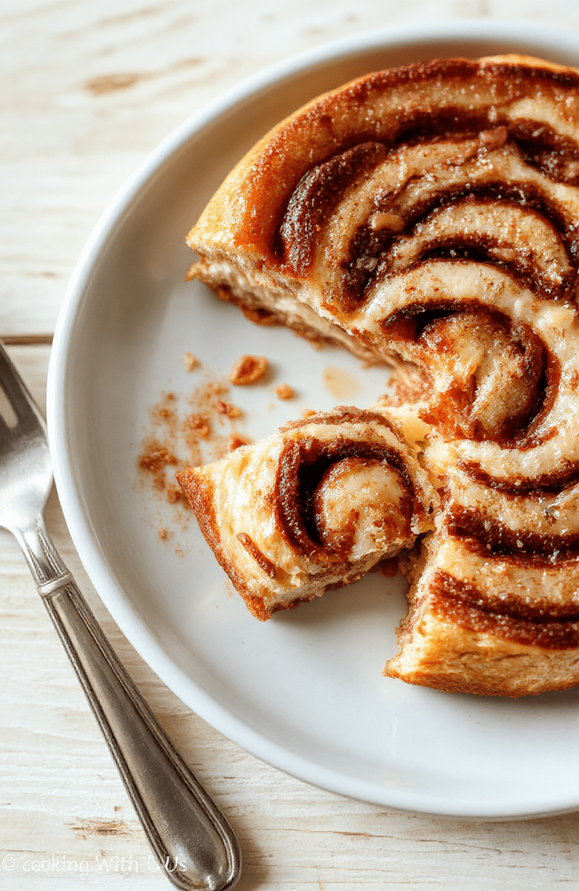 Nahaufnahme eines cremigen Käsekuchens mit Zimtrollen, goldbraun gebacken, serviert auf hellem Holzuntergrund, Zimtstaub und glatte Oberfläche, appetitlich und verführerisch
