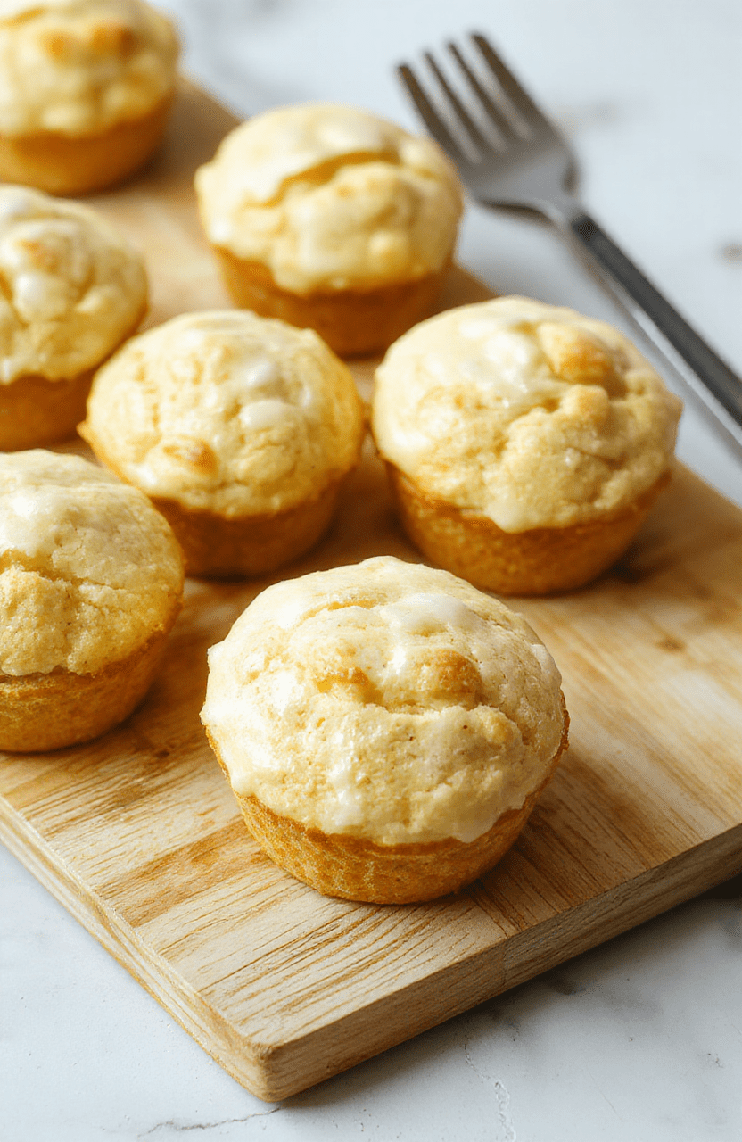 Goldbraune Zitronen-Joghurt-Muffins mit feiner Zitronenschale, luftige Krume, glänzende Oberflächen, auf einem schlichten, hellen Teller angerichtet, daneben eine Zitronenzeste. Ruhige, helle Küchenatmosphäre in Nahaufnahme.