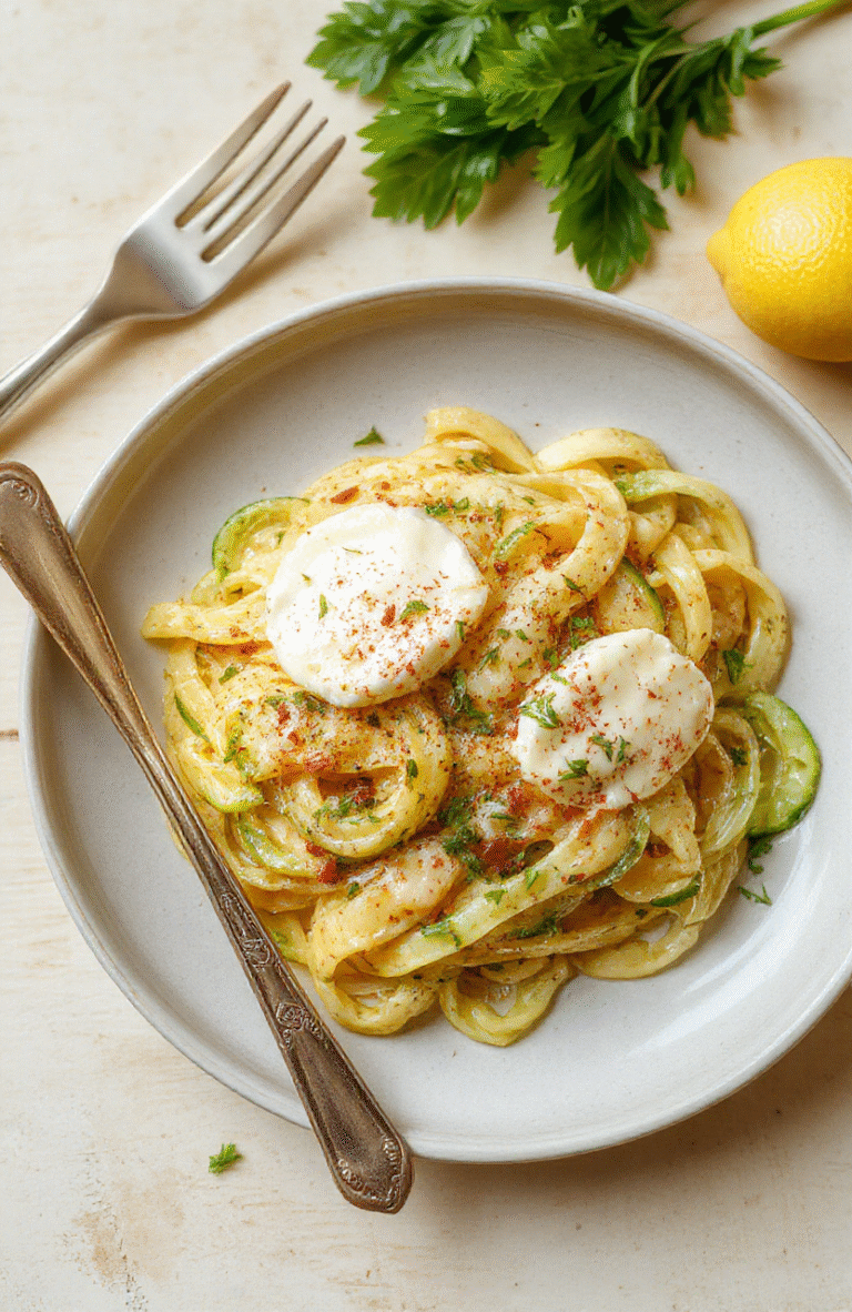 Eine cremige Zitronen-Zucchini-Pasta mit Burrata auf einem hellen Holztisch, Zucchini-Scheiben, Zitronenschale, schmelzende Burrata, frische Basilikumblätter, warme Gelbtöne, einladend und appetitlich.